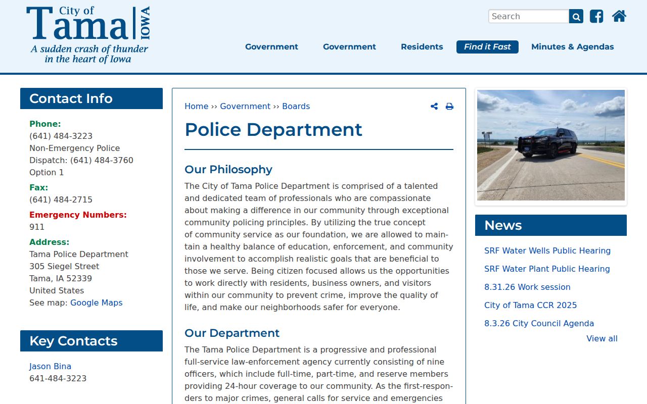 Official Tama Police contact and 24-hour coverage information