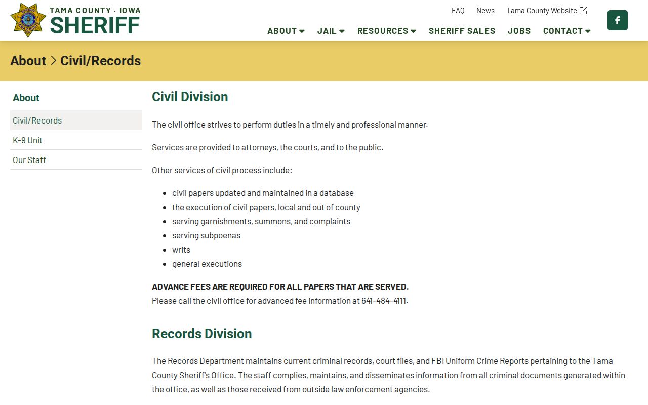 Tama County warrant records Civil and Records Division information