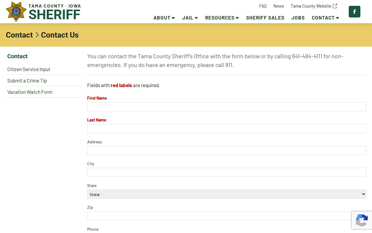 Tama County warrant records Sheriff contact form and phone guidance
