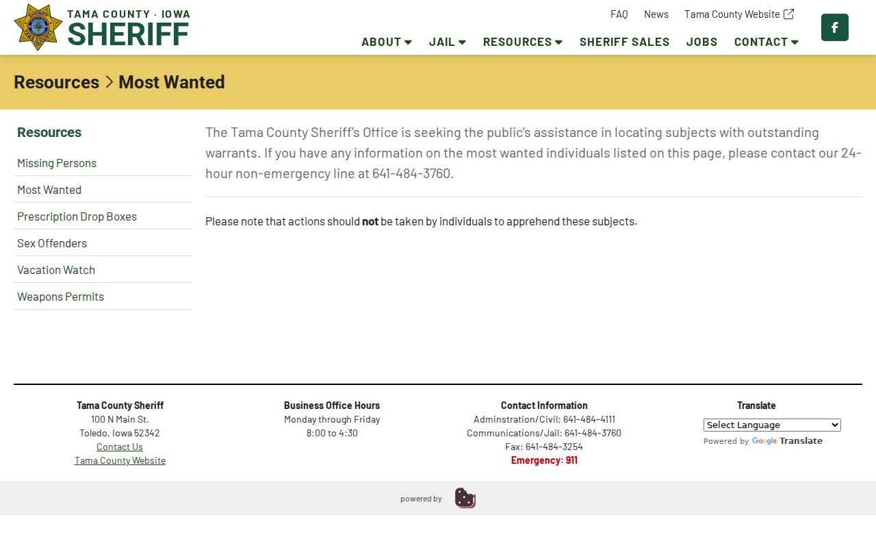 Tama County warrant records curated Most Wanted public-assistance page